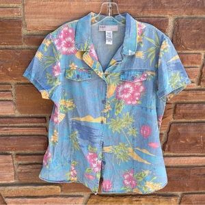 Vtg 90s Sag Harbor Denim Bright Floral Button-Down Shirt Women's Large